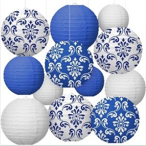 Blue and White Patterned Paper Lantern Set